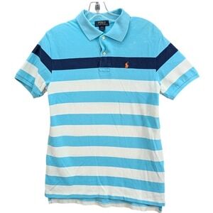 Polo Ralph Lauren Shirt Youth Large Blue White Short Sleeve Cotton Pony Striped‎